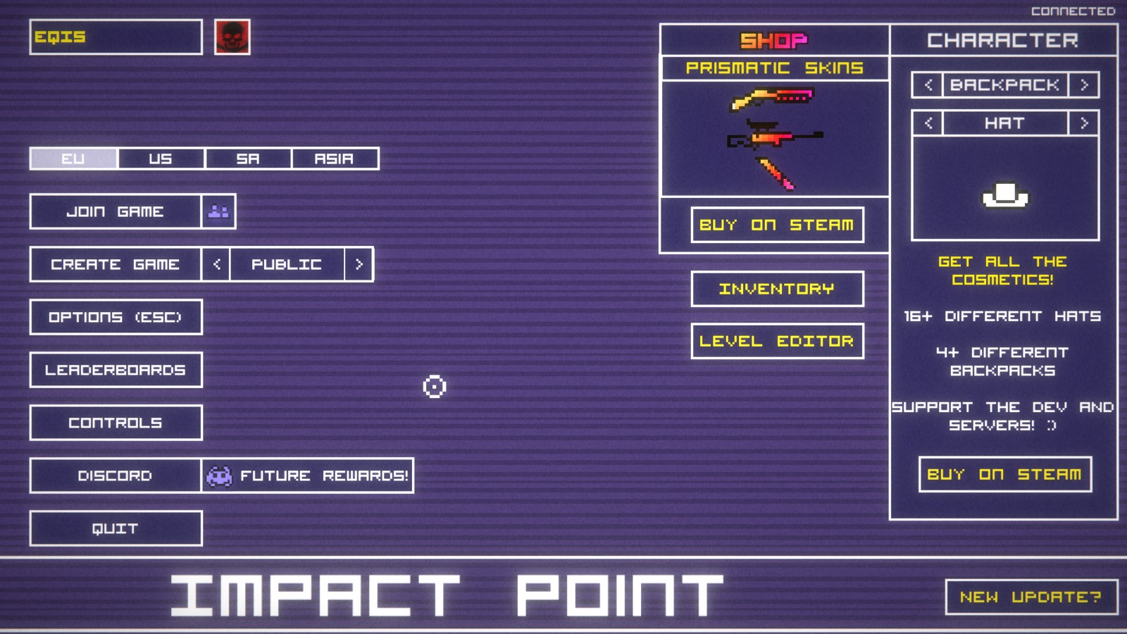 Impact Point in-game menu — purple CRT interface with lobby, shop and character customisation